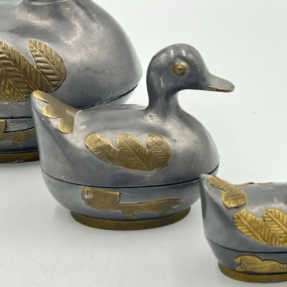 Vintage‎ Pewter Brass Nesting Duck Trinket Boxes Set of 3 Made in Hong Kong